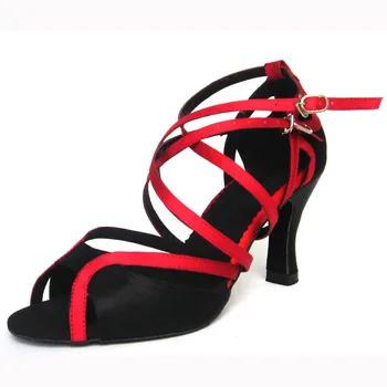 

Women Ballroom Latin Dance Shoes Black Red Satin Salsa Social Party Shoes Female Tango Dance Shoes Heel 8.3cm Soft Sole 1808