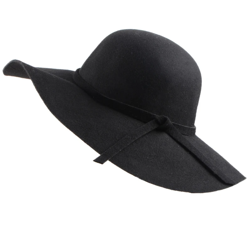 13 Цветов) новые модные Винтаж Women100% шерсть гибкие широкие поля фетровая шляпа фетровая женская шляпа от солнца шапочка для пляжа - Цвет: black