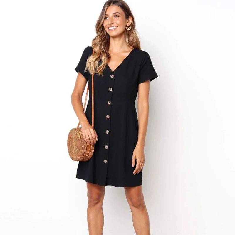 

Summer Dress Women 2019 Vestidos V-neck Elastic Regular fit Short Sleeve Solid Button Casual Dress aa315