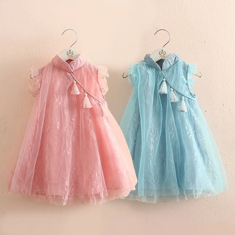 

2019 Summer 2 3 4 5 6 7 8 9 10 Years Chinese Cheongsam Crew Neck Party Baby Tassel Lace Princess Chiffon Kids Dresses For Girls