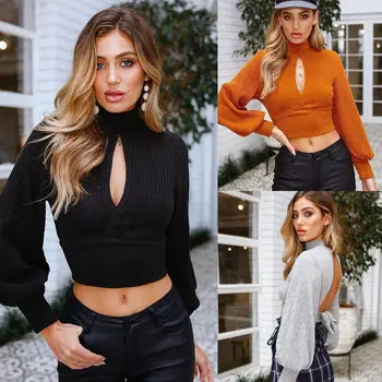

Women Sweater Pullover Basic Long Sleeve Knitted Cotton Tops Solid High Hollow Neck Essential Jumper Long Sleeve Sweaters