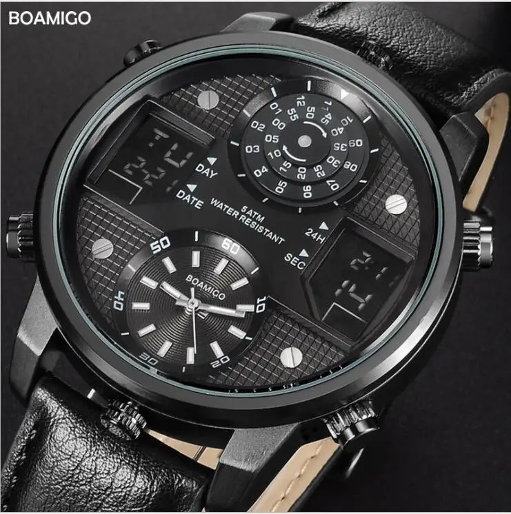 

BOAMIGO Men Quartz Watches 3 time zone creative LED Digital Sports Watches Male Leather wristwatches man Clock Relogio Masculino