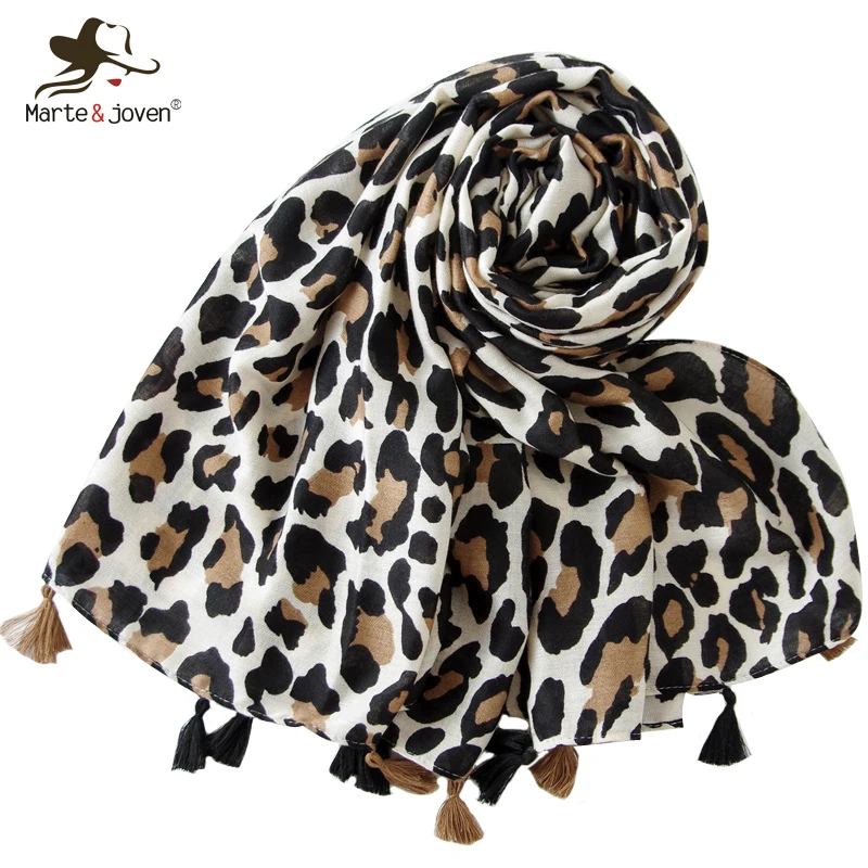 

Marte&Joven Fashion Leopard Print Tassel Scarf for Women Oversize 180*100CM Spring Autumn Winter Warm Pashmina Wrap Ladies Hijab