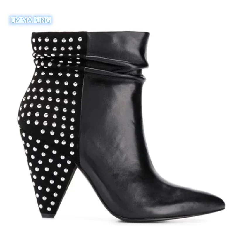 

EMMA KING 2018 Winter New Spike Heels Botines Mujer Pointed Toe High Heels Women Boots Rivers Pleated Side Zipper Ladies Shoes