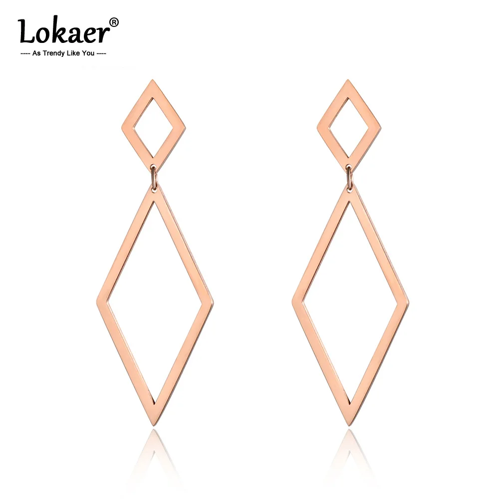 

Lokaer Rose Gold Color Geometric Jewelry 2 Different Sizes Hollow Rhombus Stainless Steel Earrings Pendientes Mujer Moda E18099