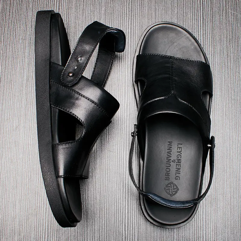 Soft Leather Men Sandals Mature and Steady Business Man Summer Slides Shoes Casual Beach Outdoor Slippers