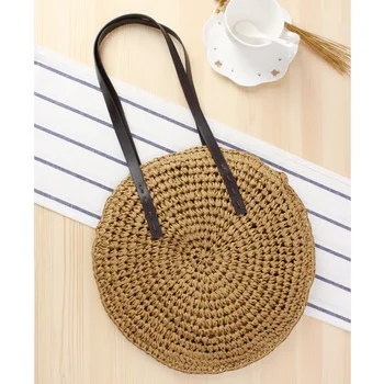 

Handmade Round Women Handbag Knitted Straw Bag Bohemian Summer Beach Bags Female Shoulder Bag Hand Woven Circular Tote