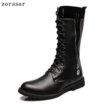 

{Zorssar} High Quality Pu Leather Men high Boots Black Military Boots Tactical Boots Men Knee High boots winter male shoes