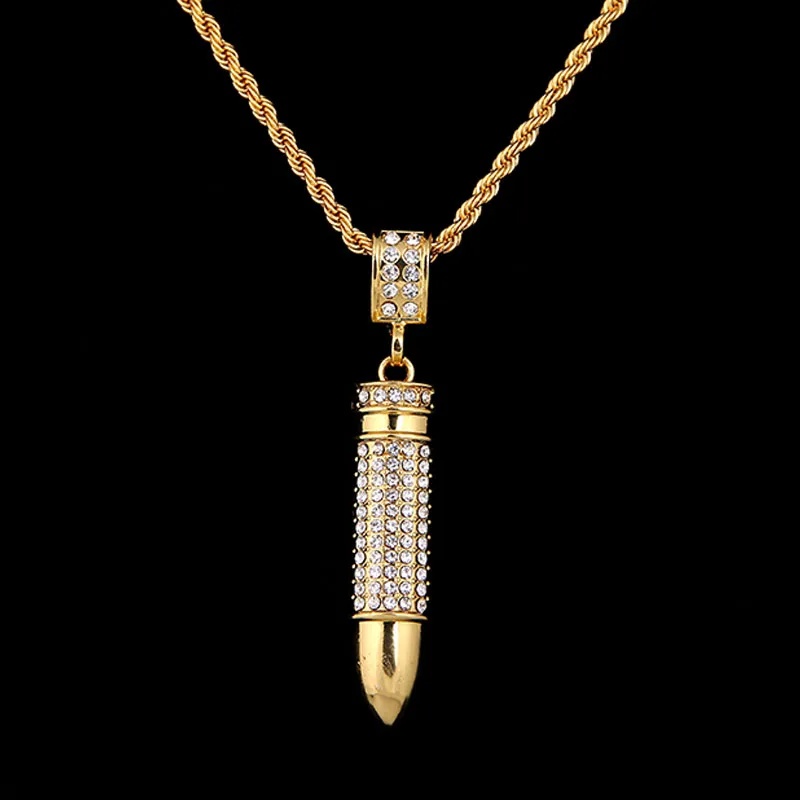 

RnaFashion New Style Fashion Men Jewelry Army Bullet With Rhinestone Pendant Necklace Vintage Gold Hip Hop For Men/Women Gift