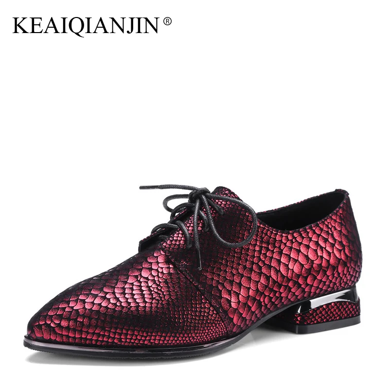 

KEAIQIANJIN Woman Sheepskin Flats Metal Decoration Plus Size 33 - 42 Spring Autumn Derby Shoes Black Red Genuine Leather Shoes
