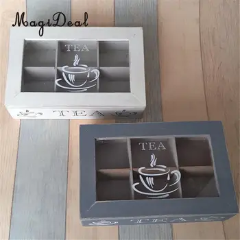 

6-Grid Wooden Storage Divided Box Drawer Desk Organizer Container with Glass Lid