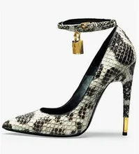 Sexy Python Lock High Heel Pointed Toe Pump Plus Size 10 Ankle Strap Wedding Shoes Bride Stiletto High Heels Women Dress Shoes white lace flower bride dress shoes pointed toe stiletto middle heel wedding party shoes with ankle strap bridesmaid pumps