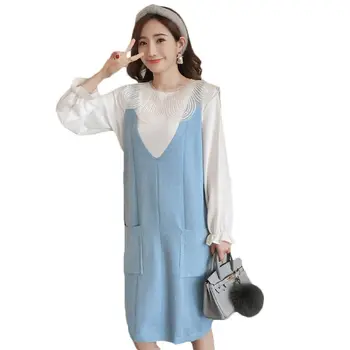 

2018 Autumn Winter Women Chiffon Tops Sweater Vest Dress Two Piece Set Casual Loose Knitted Pocket Ladies Elegant Dress LQ433