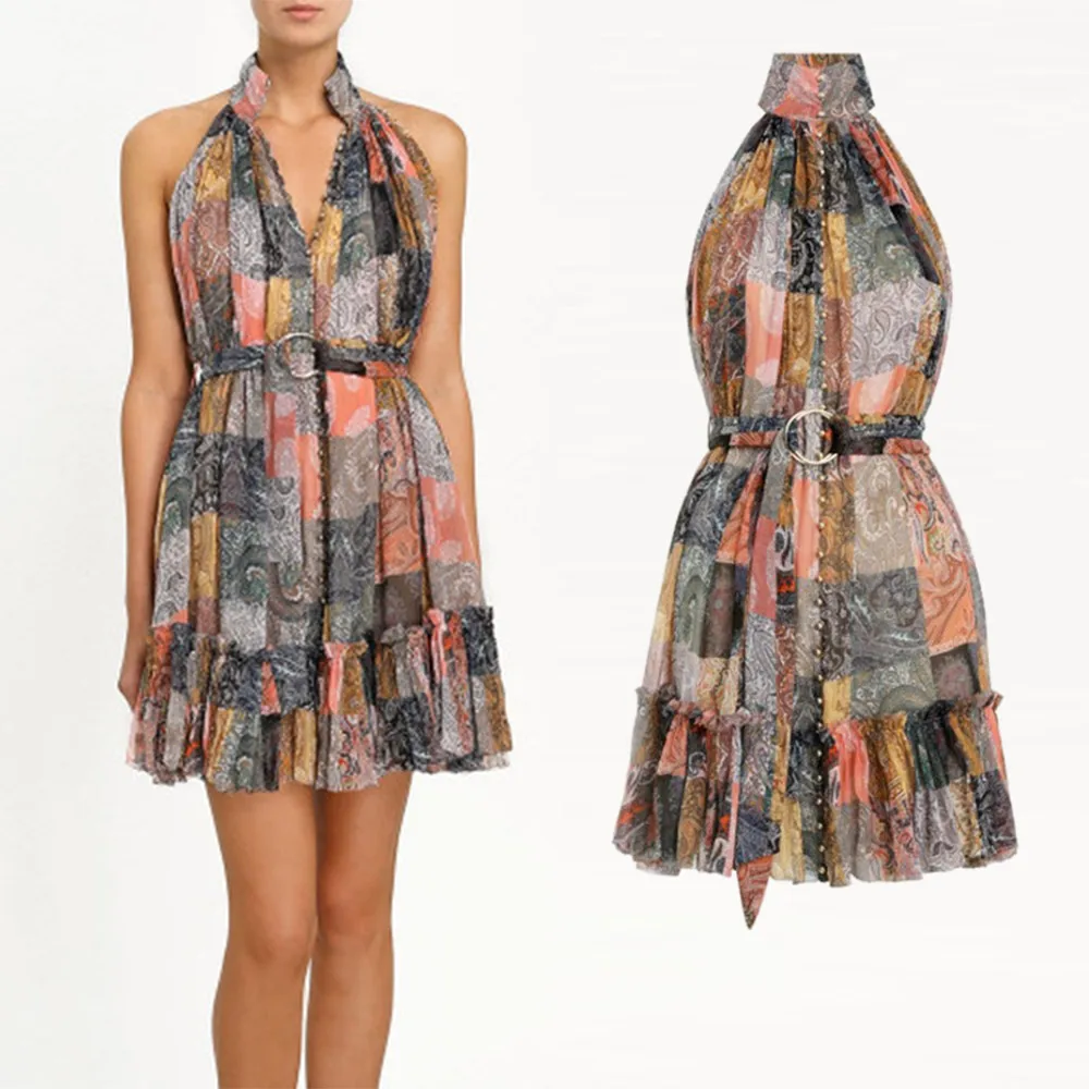 

Banulin Fashion Designer Runway Summer Dress Women's Off Shoulder Ruffles Floral Print Chiffon Mini Dress Sexy Backless V neck