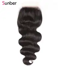 Sunber волосы перуанские волнистые прозрачные кружева закрытие remy волосы часть 4x4 10-20 дюймов наращивание волос