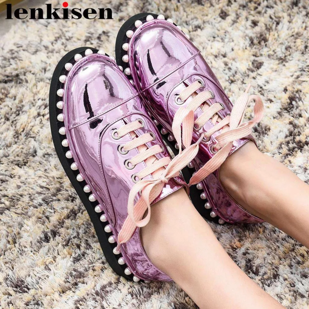 

2019 woman fashion dating shoes pearls decoration round toe concise princess style lace up low bottom platform fairy pumps L38