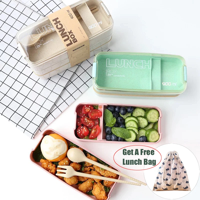 900ml Portable Healthy Material Lunch Box 3 Layer Wheat Straw Bento
