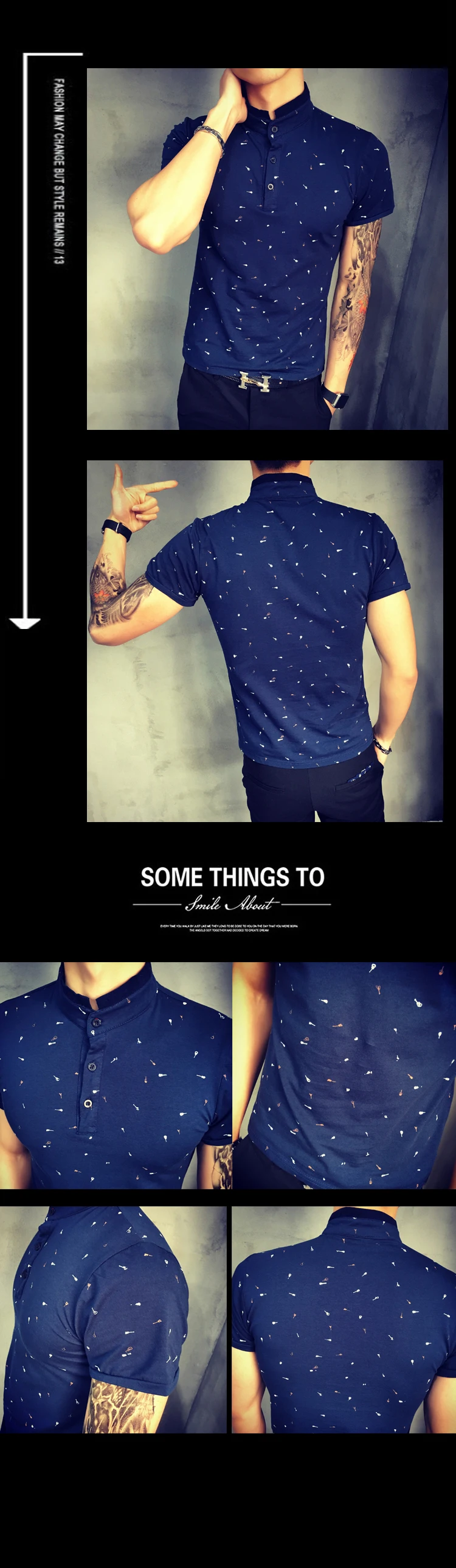 Guitar Printed Stand Collar Polo For Men Short Sleeve Casual Slim Fit 5