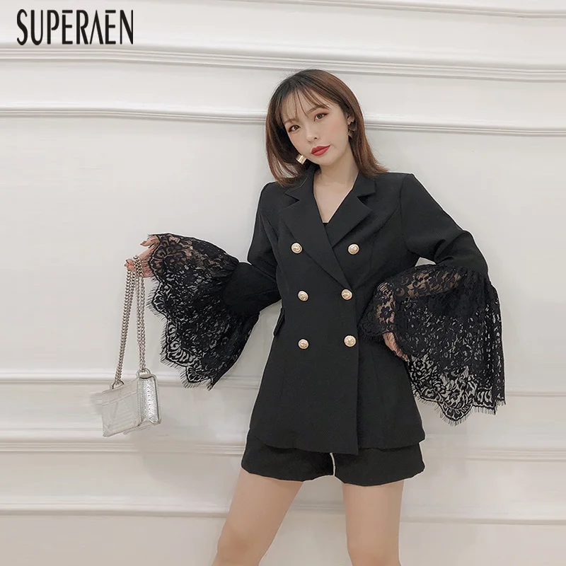 

SuperAen 2019 Korean Style Fashion Women's Sets Double-breasted Flare Sleeves Suit Jacket Women Fashion Shorts Two-piece Female
