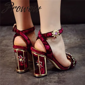 

Prowow New Genuine Leather Metal Studded Summer Sandals Open Toe Crystal Heel HIgh Heel Sandals Shoes Women