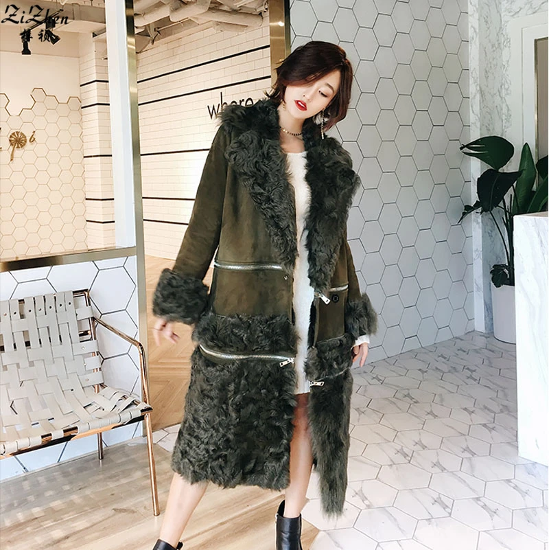 Winter Natural Double-faced Fur Long Coat Women Real Lamb Fur Overcoat Genuine Sheepskin Suede Warm Detachable Jacket 170909-1
