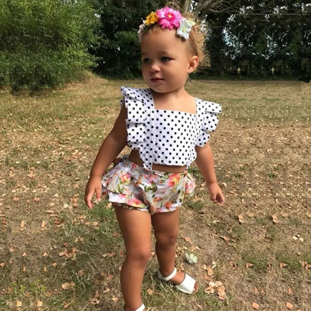 

Newborn Summer children's flying sleeves with ruffled wave point lace button stitching jumpsuit Clothes Outfits#JN3