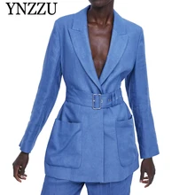 YNZZU Summer blue with belt blazer 2019 new arrivalTurn down collar loose women jacket Linen pocket office lady blazer YO804