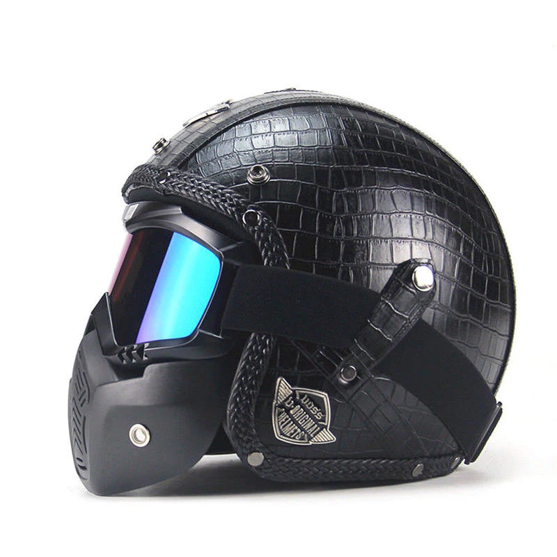 For Motorcycle Helmets 3/4 Open Helmet PU Leather + Goggle Mask Vintage Style XL