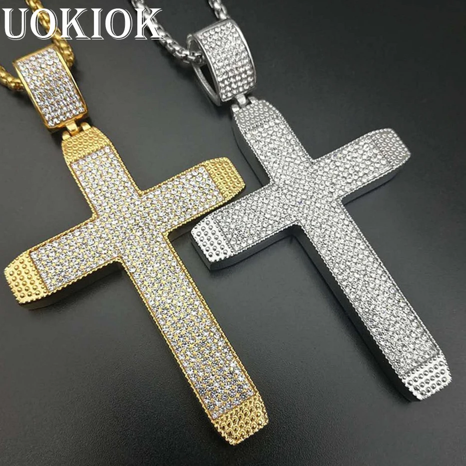 

Men's Necklace Iced Out Big Cross Pendant With Stainless Steel Chain Gold Color Rhinestones Necklace Hip Hop Bling Jewelry
