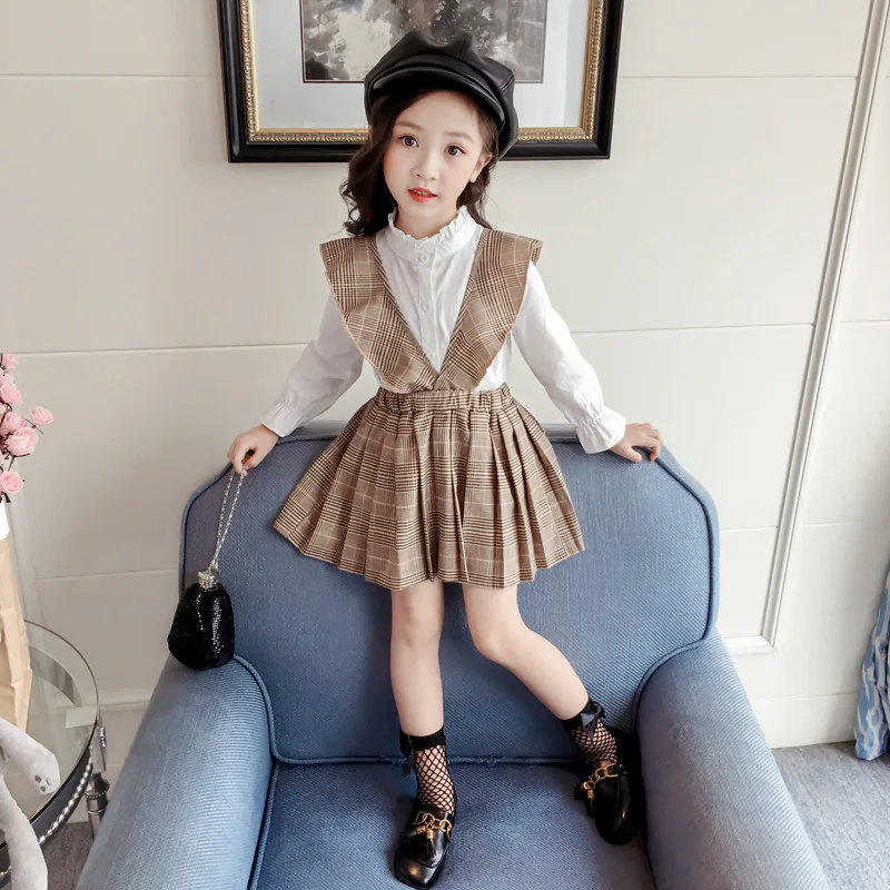 Autumn Spring baby blouse+ strap skirt girls 2 pcs set children suit