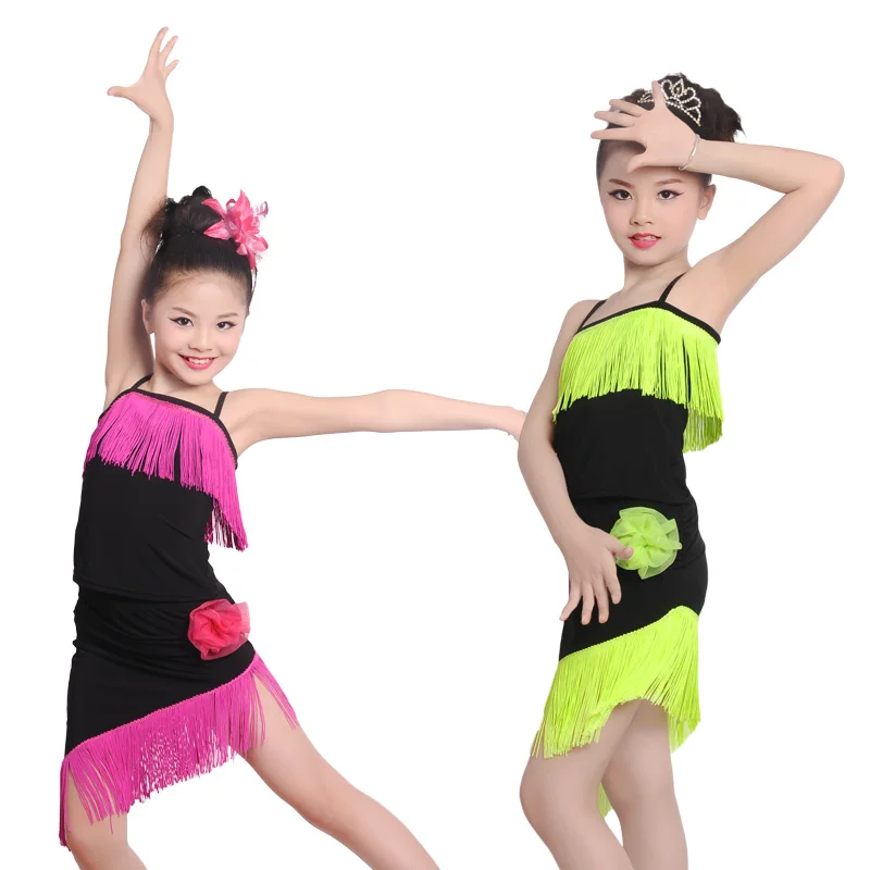 

Free Shipping Girl Unequal Sexy Slim Harness Dress Child Kid Samba Tango Latin Fringe Dress