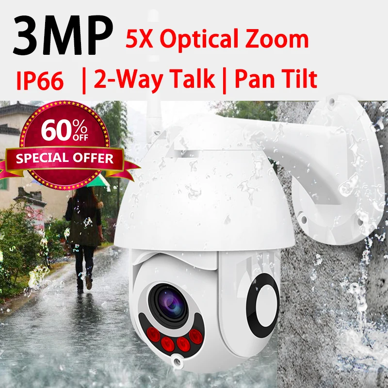 

3MP Outdoor IP66 PTZ 5X Optical Zoom Wireless Wi-Fi IP Camera iCSee APP Remote Control 3 Megapixel Security Camera Onvif