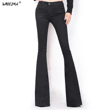 Расклешенные женские джинсы, винтажные, средняя талия, расклешенные, обтягивающие джинсы, женские, черные, одноцветные, полная длина, джинсовые штаны для молодых леди, C075