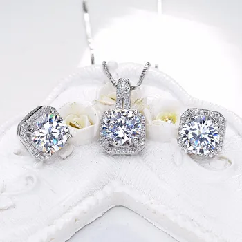 

Tuliper 925 Sterling Silver Jewelry Sets Bridal Square Necklace Earrings Set Cubic Zircon Wedding Jewelry Women Dangle Earrings