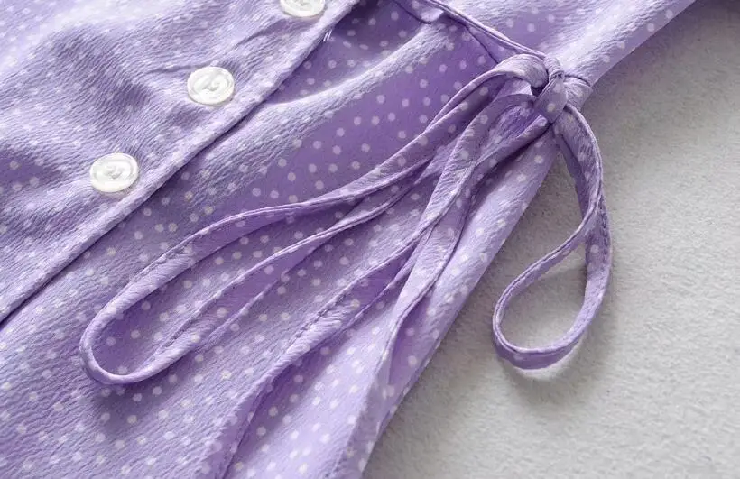 Фиолетовое платье-рубашка в горошек, женское летнее длинное платье со шнуровкой на талии, платье с коротким рукавом и v-образным вырезом, сарафан для отпуска