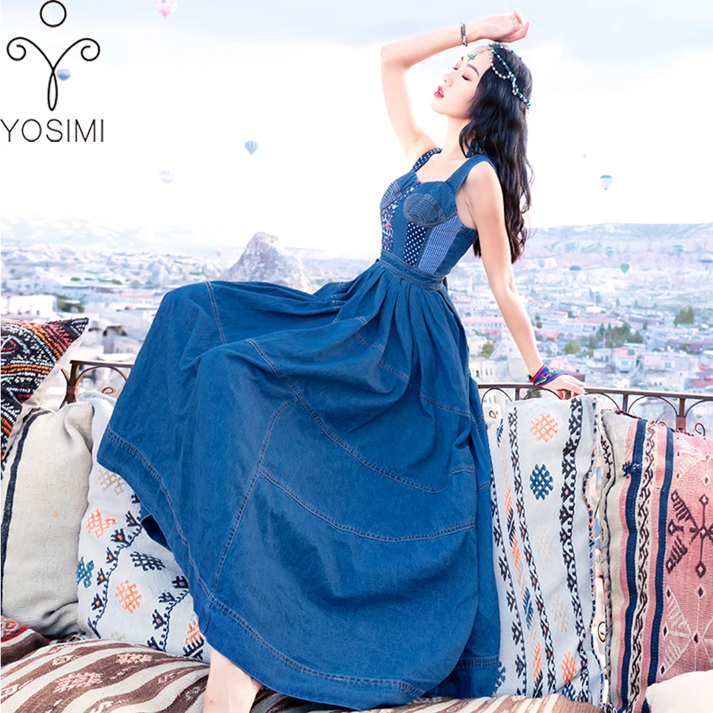 

YOSIMI 2018 Autumn Maxi Elegant Vintage Women Long Denim Dress Sleeveless Blue Tunic Embroidery Strap Dress A-Line Party Dress