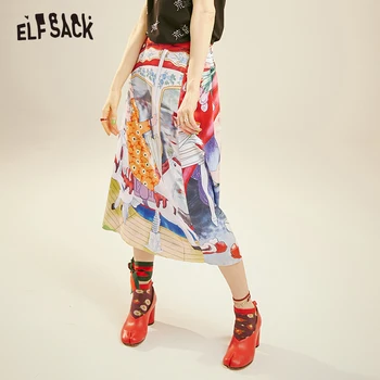 

ELFSACK Fashion Cartoon Print Women Skirt 2019 Summer Vintage A-line Mid Waist Female Skirts Streetwear Casual Femme Bottoms