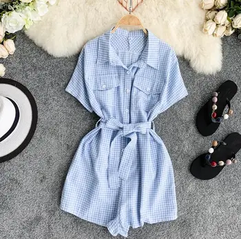 

Women's short sleeve plaid checked Playsuits Lady's summer Vintage Wide leg shorts Jumpsuits TB1293