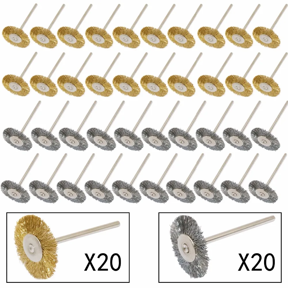 40 PC Brass Steel Wire Cup Wheel Brushes Dremel Die Grinder Accessories Rotary Tools Polishing Buffing Clean Wheels Shank 3mm