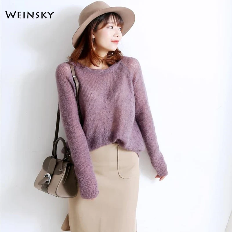 

Women Knitted Mohair Sweater And Pullovers Korean Fashion Style Solid O-Neck Sweaters Winter And Autumn 2019 New Tops