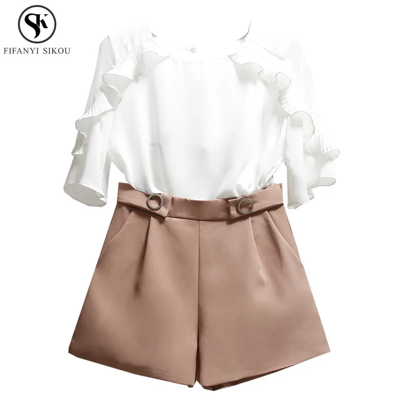 

2 piece set women Summer New Chiffon Short sleeve Tops High waist Shorts Two piece set Female Plus size Elegant Women set LGP574