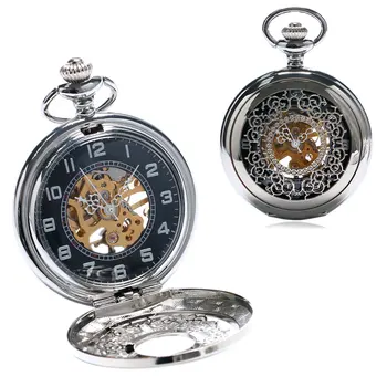 

Luxury Fashion Hollow Silver Mechanical Pocket Watch With Chain Best Gift For Men Women Free Drop Shipping