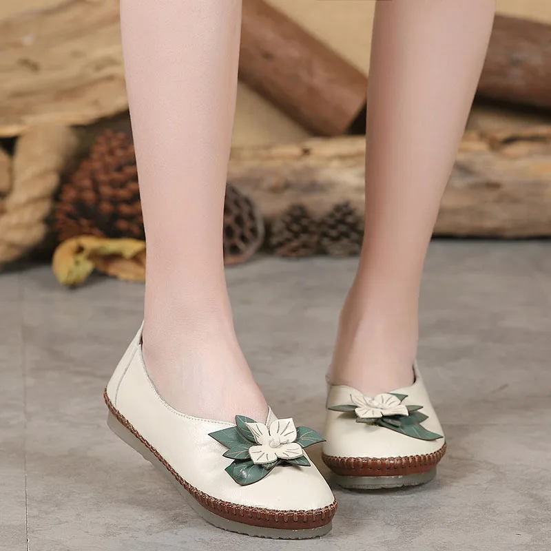 

New spring shoes genuine leather shoes women handmade original retro flowers casual flat shoes