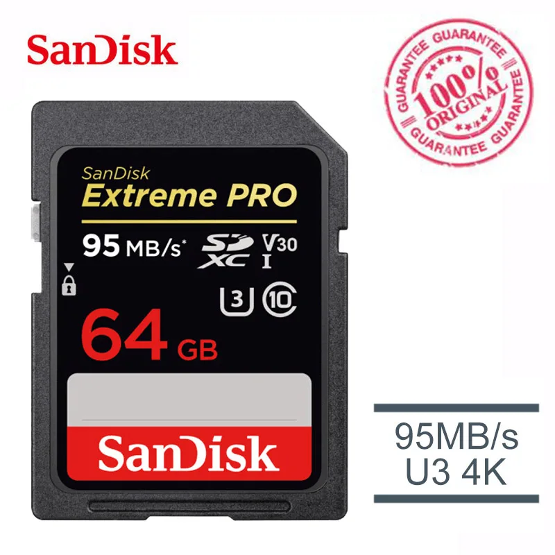 Карта памяти SanDisk Extreme PRO 128G SDHC SDXC UHS-I 32 ГБ, карта памяти 64 Гб C10 95 м/с U3 V30 256 ГБ, картао-де-Мемория с кардридером - Емкость: 64GB
