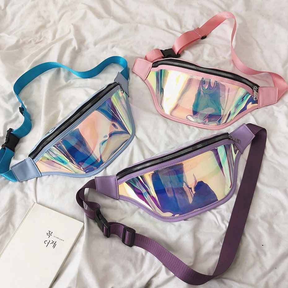Holographic Fanny Pack Laser Waist Pack for Women Fashion Belt Bum Bag Waterproof Transparent Clear Punk