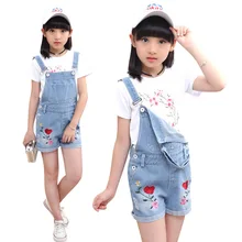 Одежда для маленьких девочек; коллекция года; джинсовые комбинезоны с вышитыми цветами для девочек; джинсовые шорты на подтяжках; одежда для От 4 до 13 лет
