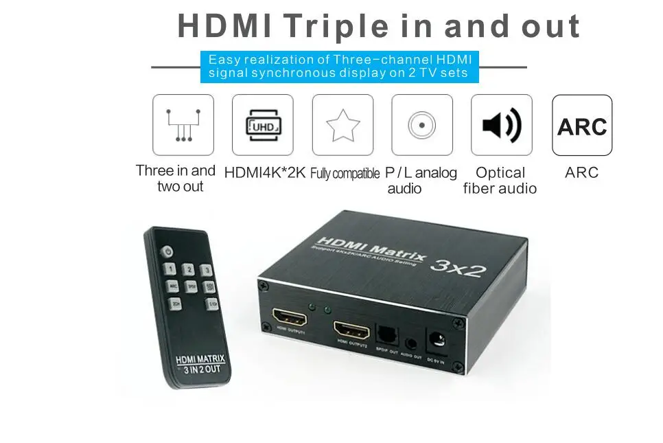 Оптический TOSLINK & R/L 3,5 мм аудио экстрактор поддерживает ARC и HDMI матрица 3X2 Hdmi сплиттер 4 к 60 Гц HDCP1.4 Ultra HD 1080 P