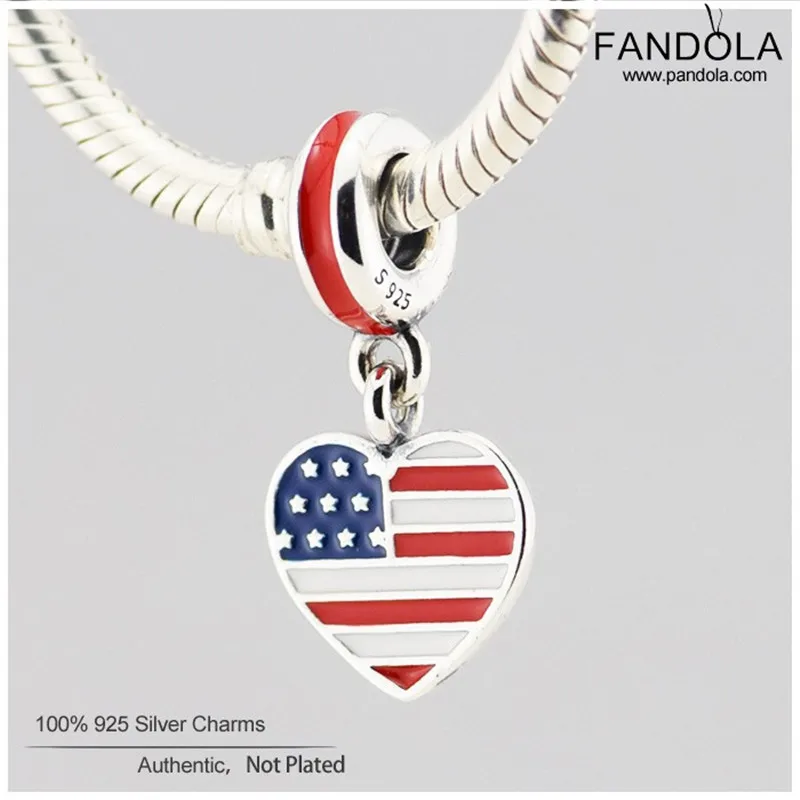 

US Heart Flag Charm Pendant 925 Sterling Silver Mixed Enamel Dangle Beads For Jewelry Making Fits European Charms Bracelets
