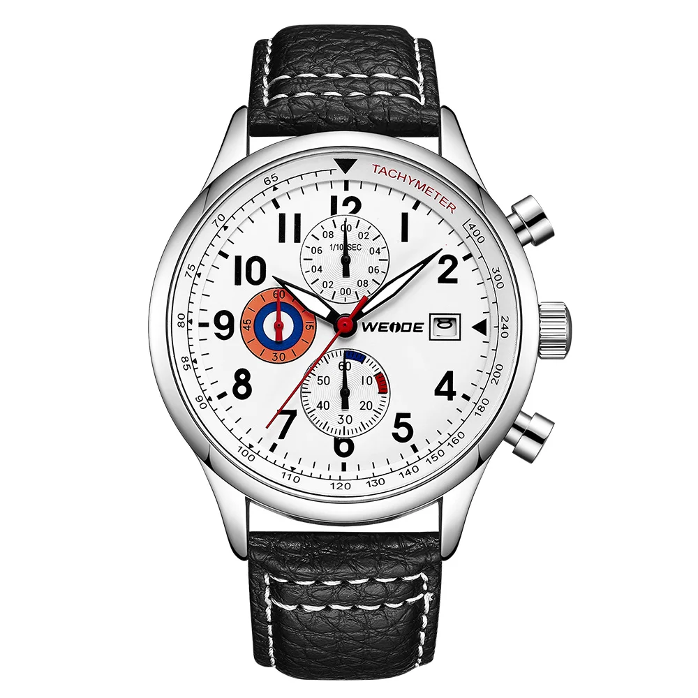 

WEIDE Man Luxury Casual Brand PU Leather Strap Band Analog Quartz Movement Calendar Clock Back Light Date White Dial Wristwatch