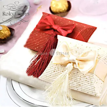 

FREE SHIPPING 100PCS Pillow Candy Box W/ Ribbon Bow and Tassel Wedding Favors Boxes Bridal Shower Anniversary Gifts